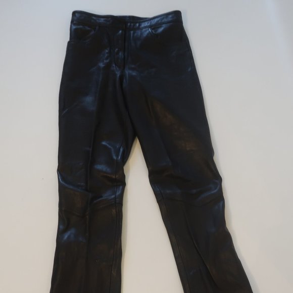 Womens Perellel Black Flat Front Leather Pants 6 * - Picture 2 of 13